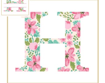 Floral Monogram H Cross Stitch Pattern H Initial H Letter cross stitch Baby birth nursery split letter cross Wedding Anniversary Wedding