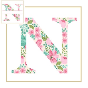 Florales Monogramm N Kreuzstichmuster N Initiale N Buchstabe Kreuzstich Baby Geburt Kinderzimmer geteilter Buchstabe Kreuz Hochzeit Jahrestag Hochzeit
