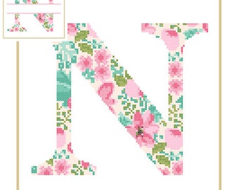 Floral Monogram N Cross Stitch Pattern N Initial N Letter cross stitch Baby birth nursery split letter cross Wedding Anniversary Wedding