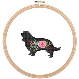 Cavalier King Charles Spaniel Silhouette Kreuzstichmuster Blumenrosen Haustier Wandkunst Hundekreuzstich modern trendy tolles Geschenk