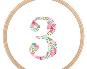 Floral 3 Cross Stitch Pattern 3 number 3 cross stitch Baby birth nursery numbers cross stitch Birthday Wedding Anniversary