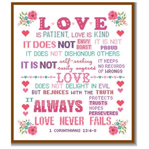 Modern Cross Stitch Pattern Corinthians 13:4-8 Love is Patient and kind Love never fails Bible verse scripture motivational Christmas cross image 1