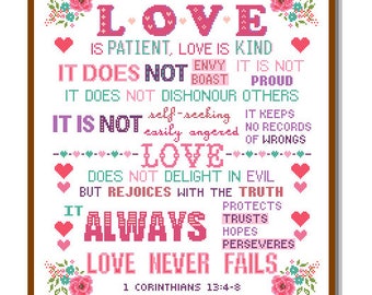Modern Cross Stitch Pattern Corinthians 13:4-8 Love is Patient and kind Love never fails Bible verse scripture motivational Christmas cross