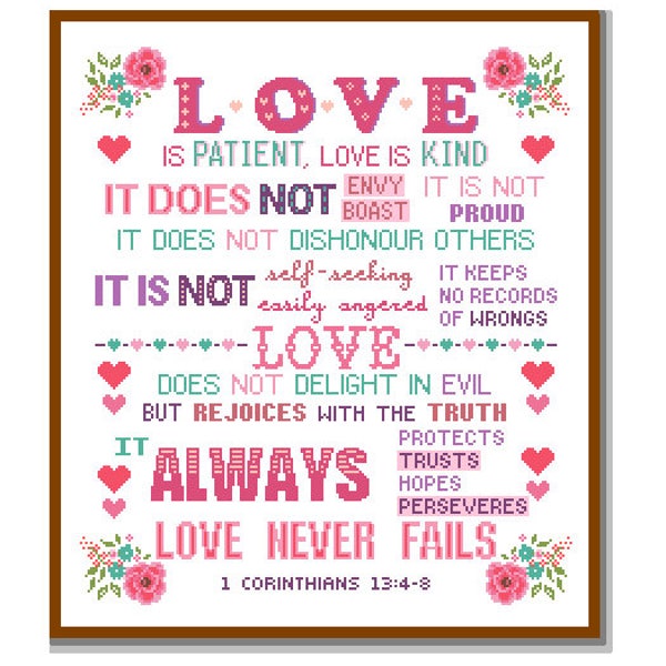 Modern Cross Stitch Pattern Corinthians 13:4-8 Love is Patient and kind Love never fails Bible verse scripture motivational Christmas cross