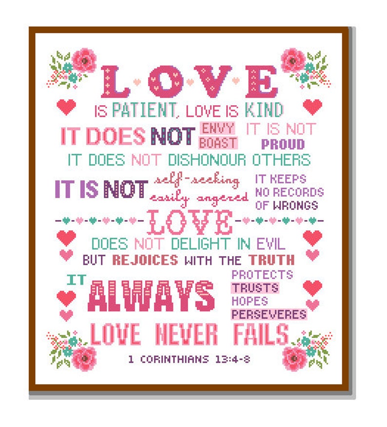 Modern Cross Stitch Pattern Corinthians 13:4-8 Love is Patient and kind Love never fails Bible verse scripture motivational Christmas cross image 1