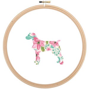 Silhouette di Epagneul Breton, schema punto croce, effetto acquerello floreale, animale domestico, arte murale, cane, punto croce, moderno, alla moda, ottimo regalo.