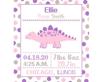 1 Cross Stitch custom Pattern Baby Girl Personalised Birth Announcement Birth Record Stegosaurs Pink Purple gray Nursery polka dot dino