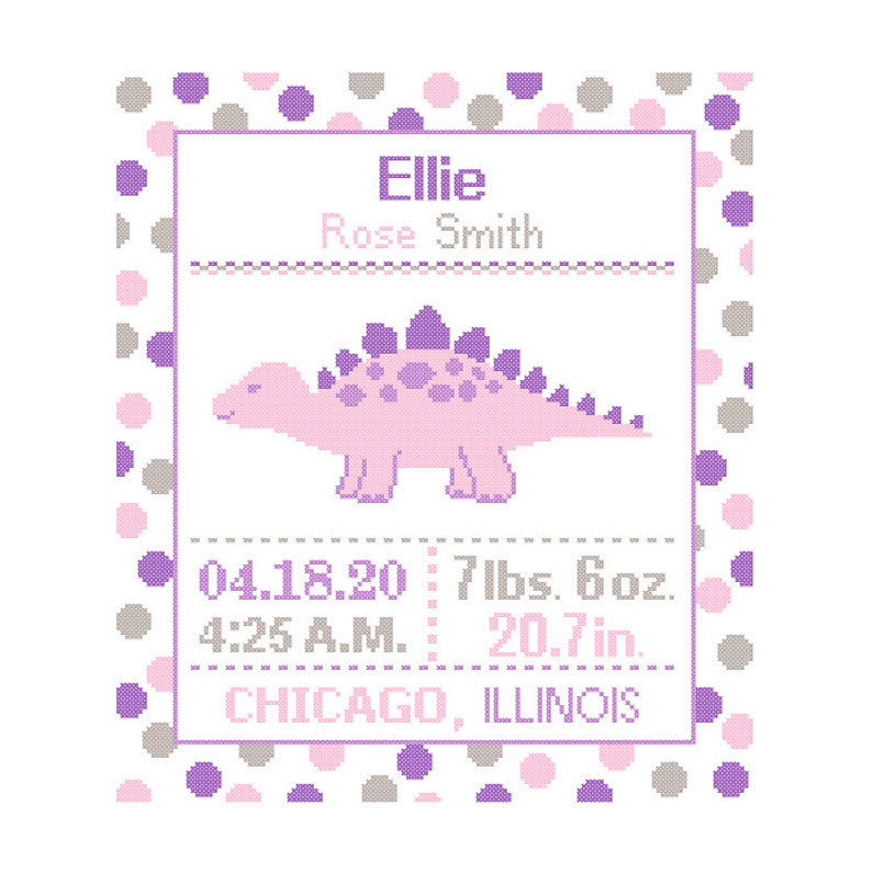 1 Cross Stitch custom Pattern Baby Girl Personalised Birth Announcement Birth Record Stegosaurs Pink Purple gray Nursery polka dot dino image 1