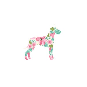 Natural ears Great Dane Silhouette Cross Stitch Pattern Floral Water color effect Pet animal wall art Great Dane cross stitch modern trendy image 2