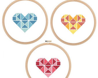 Ambientado en 3 tonos Geométrico Corazón punto de cruz Patrón de punto de cruz moderno Corazón punto de cruz principiante rojo San Valentín lindo amor geométrico