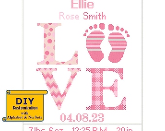 Love Cross Stitch Birth Announcement Cross Stitch Birth Record Cross Stitch Baby Girl pink Footprint birth sampler DIY customizable Pattern