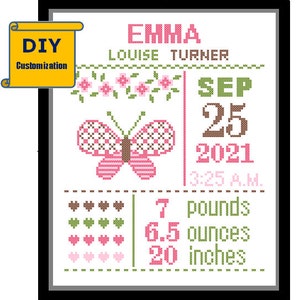 Instant Download Diy Pattern Cross Stitch Birth Announcement Butterfly Birth Record Cross Stitch Birth Sampler Cro image 5