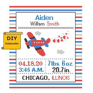 Airplane Pattern Cross Stitch Birth Announcement Cross Stitch Birth Record Cross Stitch Baby Boy Airplane Nursery Aeroplane birth sampler