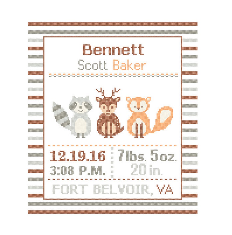 Cross Stitch custom Pattern Baby Boy Girl Personalised Birth Announcement Birth Record Forest Friends Fox Racoon Deer woodland Nursery polka