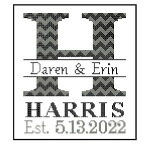 1 custom Monogram Cross Stitch Pattern Modern Initial Family Name Wedding Gift House Warming chevron Wedding Record Anniversary Home Decor image 1