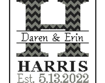 1 custom Monogram Cross Stitch Pattern Modern Initial Family Name Wedding Gift House Warming chevron Wedding Record Anniversary Home Decor