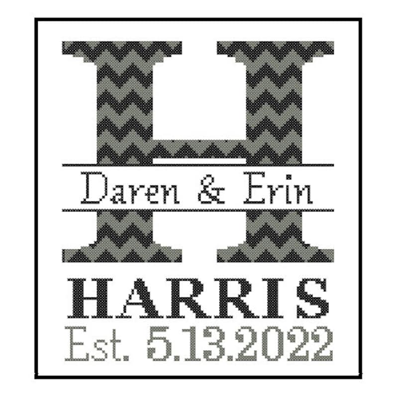 1 custom Monogram Cross Stitch Pattern Modern Initial Family Name Wedding Gift House Warming chevron Wedding Record Anniversary Home Decor image 1