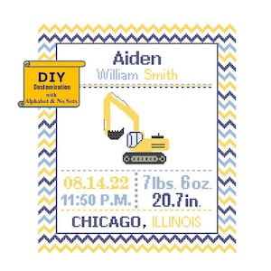 Excavator Cross Stitch Birth Announcement cross Stitch Birth Record Construction Baby Boy Nursery yellow Digger modern Earth mover sampler