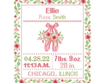 Custom Pattern Ballerina Cross Stitch Floral Ballerina Slippers Birth Announcement Cross Stitch Birth Record Girl Ballet cross stitch