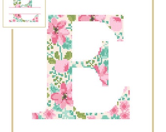 Floral Monogram E Cross Stitch Pattern E Initial E Letter cross stitch Baby birth nursery split letter cross Wedding Anniversary Wedding