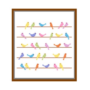 Birds Cross Stitch Pattern Birds on Wire cross stitch modern rainbow colors beginner cross stitch Yellow orange pink green blue retro