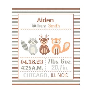 Cross Stitch custom Pattern Baby Boy Girl Personalised Birth Announcement Birth Record Forest Friends Fox Racoon Deer woodland Nursery polka