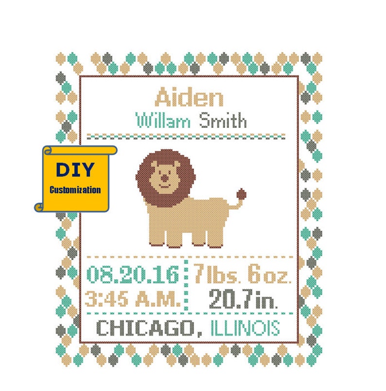 Lion Cross Stitch Birth Announcement Jungle Cross Stitch Birth Etsy India