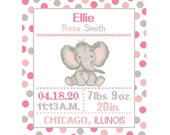 1 Cross Stitch custom Pattern Elephant birth sampler Baby Birth Announcement Birth Record Elephant birth sampler Jungle birth record