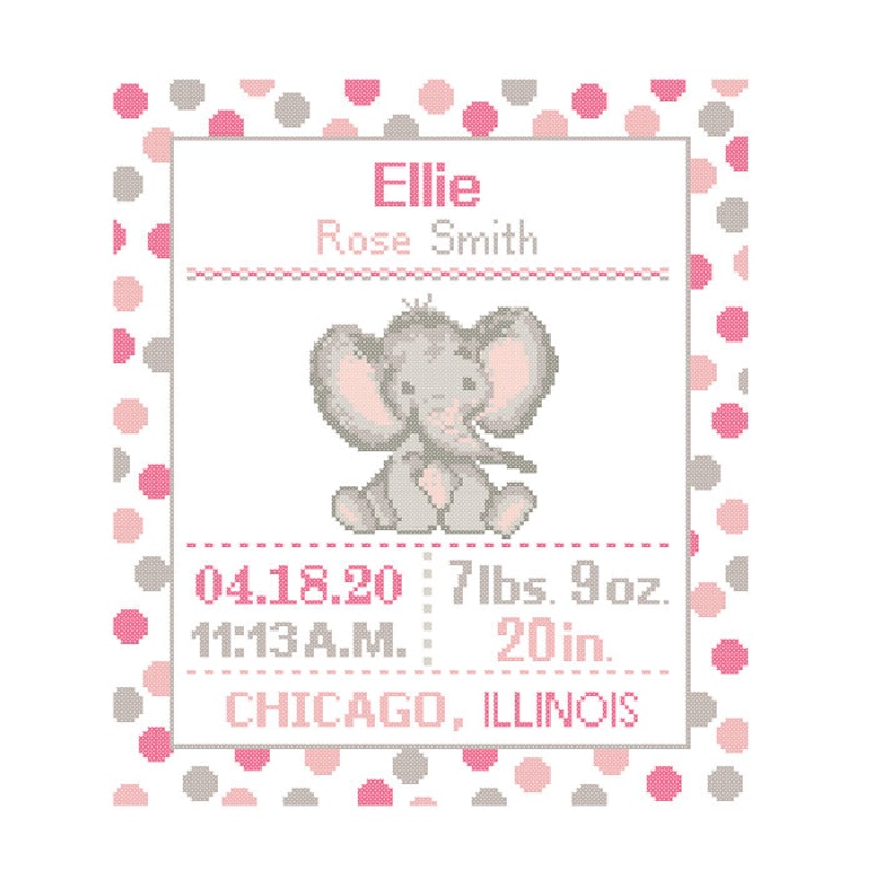 1 Cross Stitch custom Pattern Elephant birth sampler Baby Birth Announcement Birth Record Elephant birth sampler Jungle birth record image 1