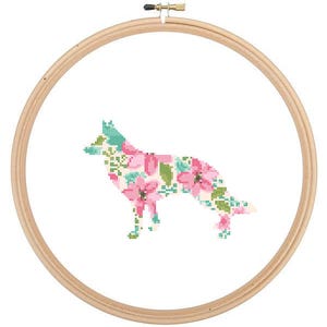 German Shepherd Silhouette Cross Stitch Pattern Floral Water color effect Pet animal wall art German Shepherd cross stitch modern gift