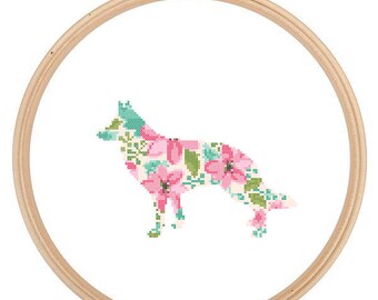German Shepherd Silhouette Cross Stitch Pattern Floral Water color effect Pet animal wall art German Shepherd cross stitch modern gift