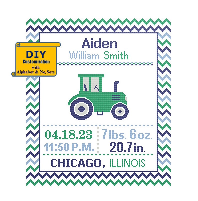 Tractor Cross Stitch Birth Announcement Pattern Cross Stitch Birth Record Tractor Boy Nursery DIY customizable Farmhouse Farm nursery Farmer image 5