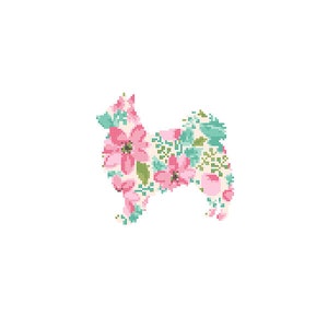 May include: A floral pattern in the shape of a dog. The dog is made up of pink and green flowers on a white background.