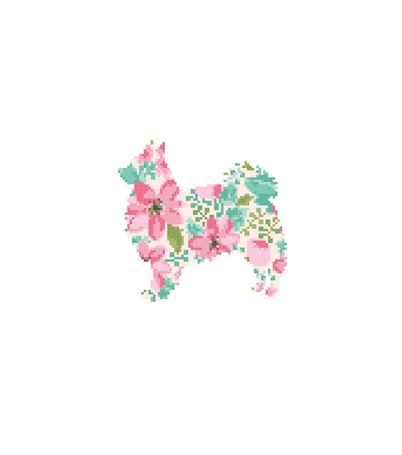 May include: A floral pattern in the shape of a dog. The dog is made up of pink and green flowers on a white background.