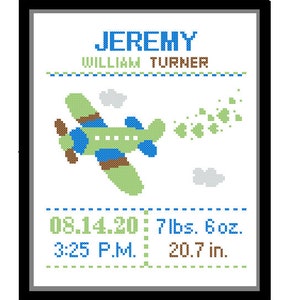 1 Cross Stitch custom Pattern Baby Boy Personalised Birth Announcement Birth Record Airplane Red Blue Green Yellow Transport Nursery Gift image 6