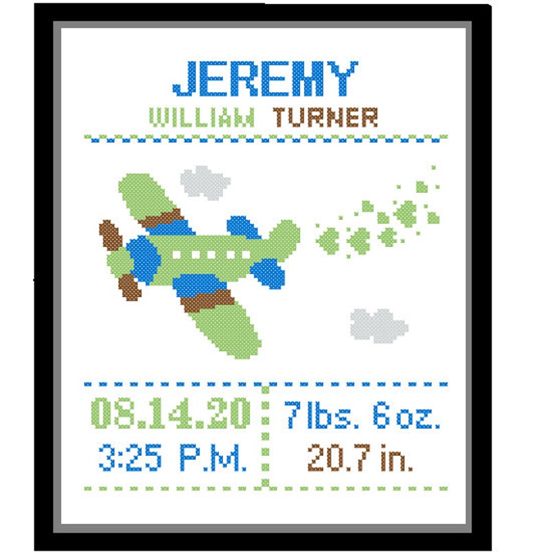 1 Cross Stitch custom Pattern Baby Boy Personalised Birth Announcement Birth Record Airplane Red Blue Green Yellow Transport Nursery Gift image 6