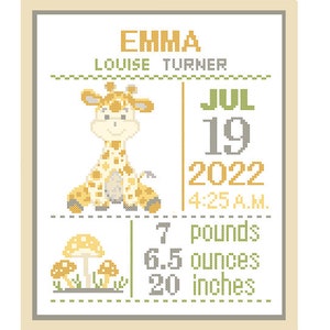 1 Cross Stitch aangepaste patroon baby meisje/jongen gepersonaliseerde geboorte aankondiging geboorte record Giraffe geel groen natuur Woodland kwekerij cadeau