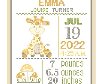 1 Cross Stitch custom Pattern Baby Girl/Boy Personalised Birth Announcement Birth Record Giraffe Yellow Green Nature Woodland Nursery Gift