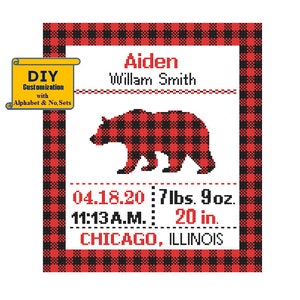 Buffalo Plaid Bear Cross Stitch Birth Announcement cross Stitch Birth Record Bear Baby Boy Girl Jungle Wild DIY customizable Pattern