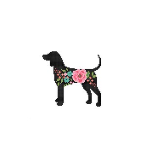 Coon Hound Silhouette Cross Stitch Pattern floral roses Pet animal wall art Coon Hound Dog cross stitch Coon Hound Blue Tick modern gift image 2