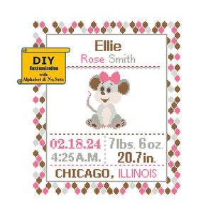 Girl Mouse Cross Stitch Birth Announcement Cross Stitch Birth Sampler Baby Nursery mouse pattern cross stitch birth sampler farm animal rat