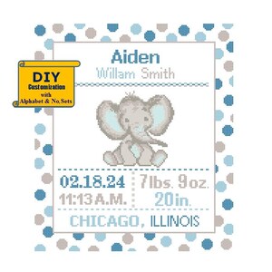 Baby Elephant Cross Stitch Birth Announcement cross Stitch Birth Record Elephant Baby Boy Girl Elephant Nursery Blue birth sampler jungle