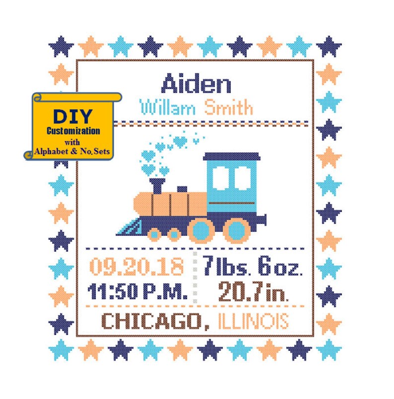 Train Engine Pattern Cross Stitch Birth Announcement Cross Etsy