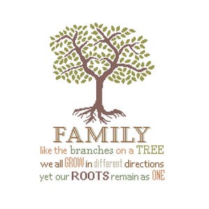 May include: A cross-stitch design featuring a stylized green tree with brown roots and the text "FAMILY like the branches on a TREE we all GROW in different directions yet our ROOTS remain as ONE".