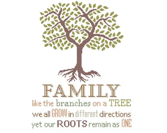 Family like the branches on a Tree grow different directions Roots remain as one Modern Cross Stitch Pattern Inspirational quote typography