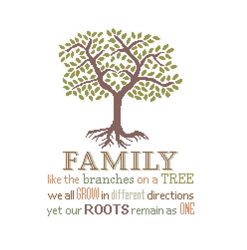 May include: A cross-stitch design featuring a stylized green tree with brown roots and the text "FAMILY like the branches on a TREE we all GROW in different directions yet our ROOTS remain as ONE".