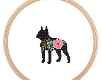 Boston Terrier Silhouette Cross Stitch Pattern Floral roses Pet animal wall art Dog cross stitch modern trendy great gift