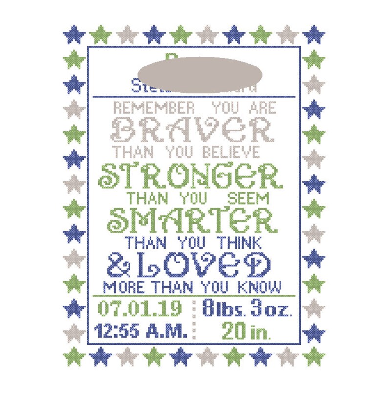 Custom Pattern Cross Stitch Remember You are Braver Birth Announcement Cross Stitch Birth Record Cross Stitch Baby Boy Girl Birth Sampler image 7