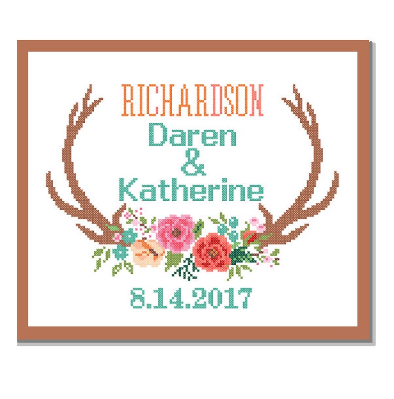 Antler Wedding cross stitch DIY customizable Pattern Modern Wedding cross stitch floral Wedding Record Deer Sampler Wedding Anniversary image 4