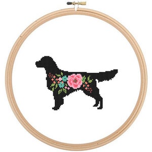 Golden Retriever Silhouette Cross Stitch Pattern Floral roses Pet animal wall art Dog cross stitch modern trendy great gift image 1